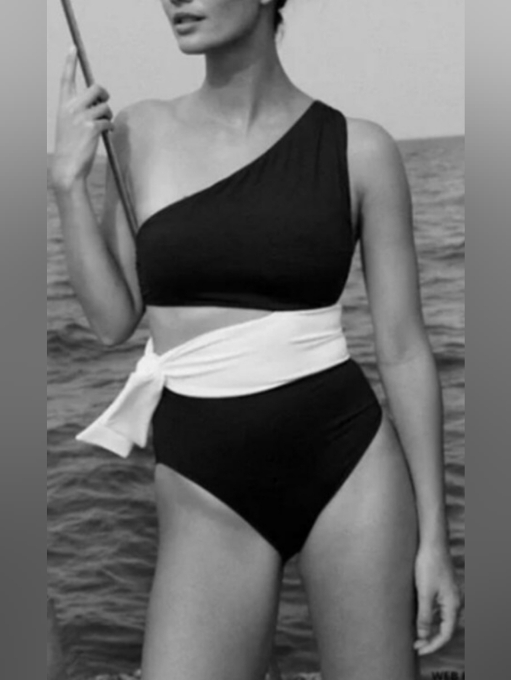16sz Ralph Lauren One Shoulder Side Tie One Piece Swimsuit White Black